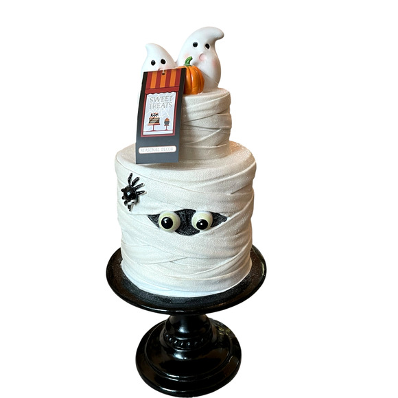 SWEET TREATS 2-Tier Mummy Halloween Faux Cake With Ghost & Pumpkin 19" NEW - Picture 8 of 16